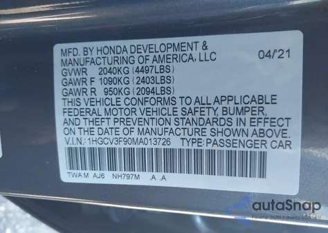 2021 Honda Accord Hybrid Touring from USA, damaged, VIN 1HGCV3F90MA013726
